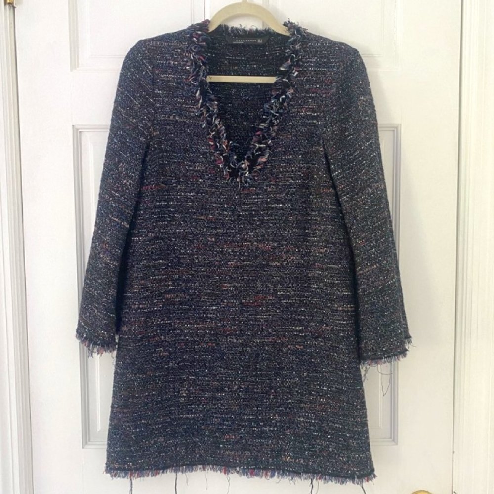 Zara Blue V-Neck Tweed Frayed Mini Dress